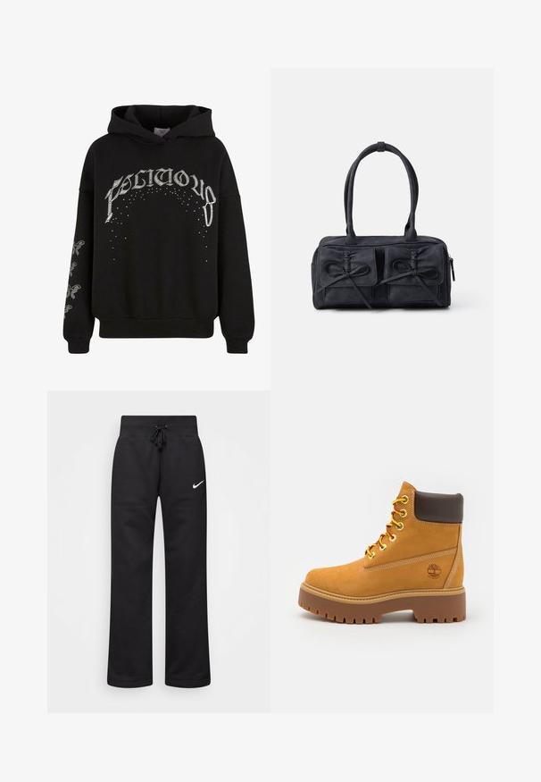 Schwarzer Kapuzenpullover aus weichem Material, mit weißem Drucktext und Mustern, sowie Akzentdetails an den Ärmeln.; Schwarze Sweatpants aus einem Baumwollmix, mit einem Kordelzugbund, geraden Beinen und einem weißen Nike-Logo auf der linken Seite.; Beige, wasserdichte Stiefelette mit einer robusten Gummisohle, runder Zehenpartie, braunem Lederkragen, gelben Schnürsenkeln und einem Logo an der Seite.; Schwarze Stoffhandtasche mit zwei vorderen Taschen, die mit Schleifendetails versehen sind, doppelten Griffen und einem Reißverschluss. Weiche Textur und rechteckige Form.