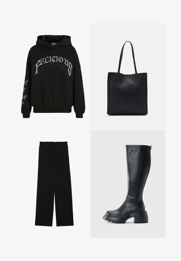 Fekete kapucnis pulóver, puha anyagból készült, fehér nyomtatott szöveggel és mintákkal, ujjain kiemelő részletekkel.; Fekete, bőszárú nadrág fodros derékrésszel, két oldalsó zsebbel és sima, könnyű anyagból. Nincsenek látható minták vagy fémalkatrészek.; Magas fekete bőrcipő, vastag platform talppal és blokk sarokkal, húzófüllel és texturált profillal az outsole-on.; Fekete bőrtáska sima felszínnel, téglalap alakú, két hosszú füllel. Nincs látható fémkiegészítő vagy díszítés.