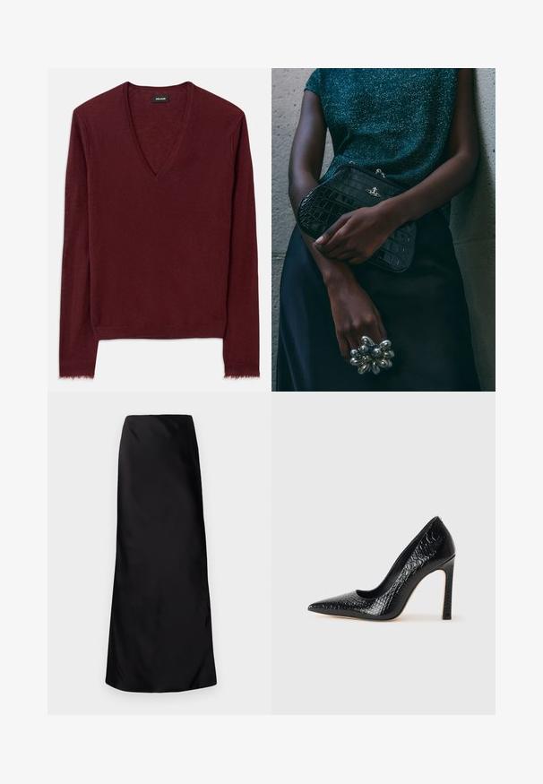 Burgundy V-neck sweater in soft, textured fabric. Features long sleeves and a slightly frayed hem. Simple design, no visible patterns.; Norma Kamali BIAS OBIE SKIRT - Maxi skirt - black; Black pointed-toe high heel shoe with a crocodile-skin texture, featuring a sleek design, high stiletto heel, and smooth black interior.; Black crocodile-patterned clutch bag with silver hardware, held against a textured gray background. Features a shiny surface.