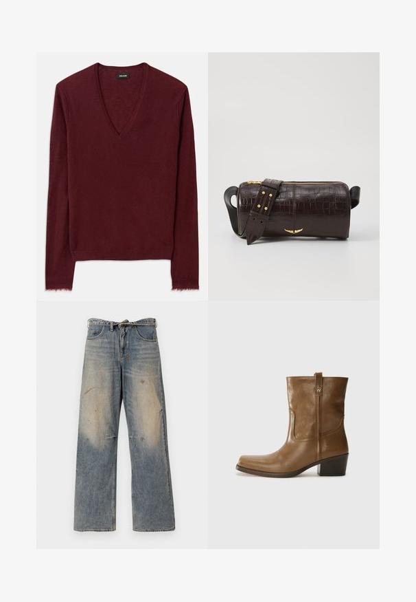 Vínový svetr s výstřihem do V z měkké texturované látky. Má dlouhé rukávy a mírně třepený lem. Jednoduchý design, bez viditelných vzorů.; Světle modré džíny vyrobené z denimu s volným, rovně střiženým designem. Obsahují efekt blednutí, opotřebování a poškozené detaily v oblasti kolen. Klasický pětigrecký styl.; Hnědé kožené kotníkové boty se čtveratou špičkou, texturovaným povrchem a nízkým zvýšeným podpatkem. Mají zadní poutko na obouvání a jemné prošívání.; Hnědá kabelka z krokodýlí kůže s embosováním, cylindrického tvaru, se zlacenými kovovými prvky a odnímatelným popruhem se hroty.