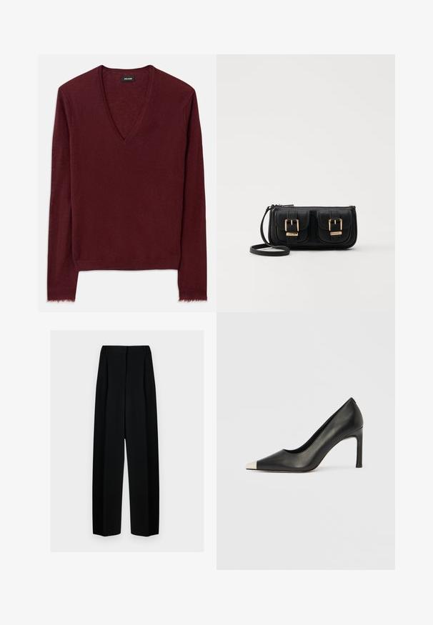 Pulover burgundy cu decolteu în V, dintr-un material moale și texturat. Dispune de mâneci lungi și un tiv ușor desfăcut. Design simplu, fără modele vizibile.; Pantaloni negri evazați cu talie înaltă, având plisseuri și o textură netedă. Țesătura pare ușoară și se așază elegant.; Pantof cu toc înalt din piele neagră, cu vârf ascuțit și un capac metalic argintiu. Are un finisaj neted și un toc subțire de 10 cm.; Geantă neagră din piele, tip crossbody, cu două buzunare frontale, catarame aurii, închidere cu fermoar și o curea subțire. Suprafață texturată și formă rectangulară compactă.