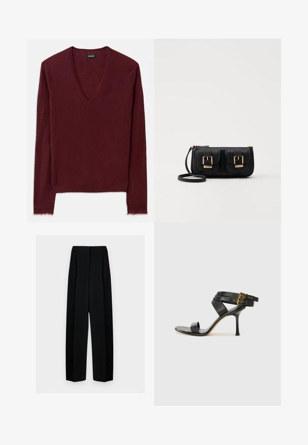 Raudono vyno V formos kaklo megztinis iš minkštos tekstūruotos medžiagos. Sukurtas su ilgomis rankovėmis ir šiek tiek nusidėvėjusiu apvadėliu. Paprastas dizainas, be matomų raštų.; Juodos plačios kelnės su aukštu liemeniu, su klostėmis ir glotnia tekstūra. Medžiaga atrodo lengva ir dailiai krenta.; Juodi kulniškų sandalai su kryžminėmis juostelėmis ir reguliuojamu sagtimi. Ypatybė – lygus paviršius ir siauras smailas kulnas.; Juodas odinis per petį nešiojamas krepšys su dviem priekiniais kišenėmis, auksiniais sagtimis, užtrauktuko uždarymu ir siauromis petnešomis. Textūruota paviršius ir kompaktiškas stačiakampis formatas.