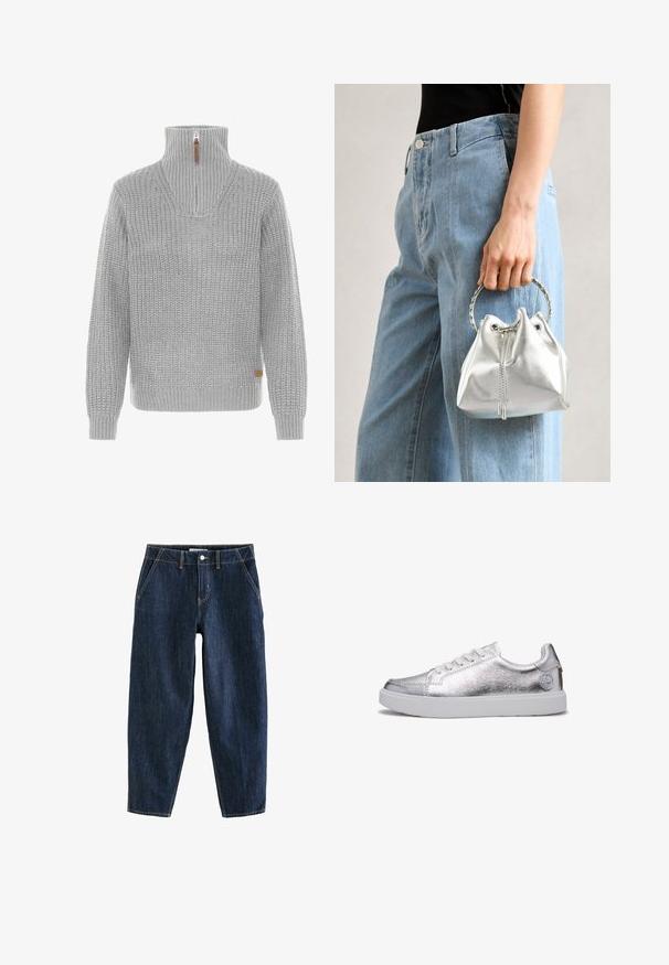 Světle šedý pletený svetr s vysokým ribbed límcem, který má přední zip a dlouhé rukávy s ribbed manžetami.; Tmavě modré džíny s volným střihem, které mají pět kapes, poutka na opasek a kontrastní žluté prošití. Čistá, texturovaná tkanina.; Timberland EMERSON STREET - Tenisky - silver; Metalická stříbrná kabelka typu bucket s texturovaným povrchem, zdobená stříbrným kulatým úchytem a stahovací šňůrkou, držena proti světlým modrým džínům.
