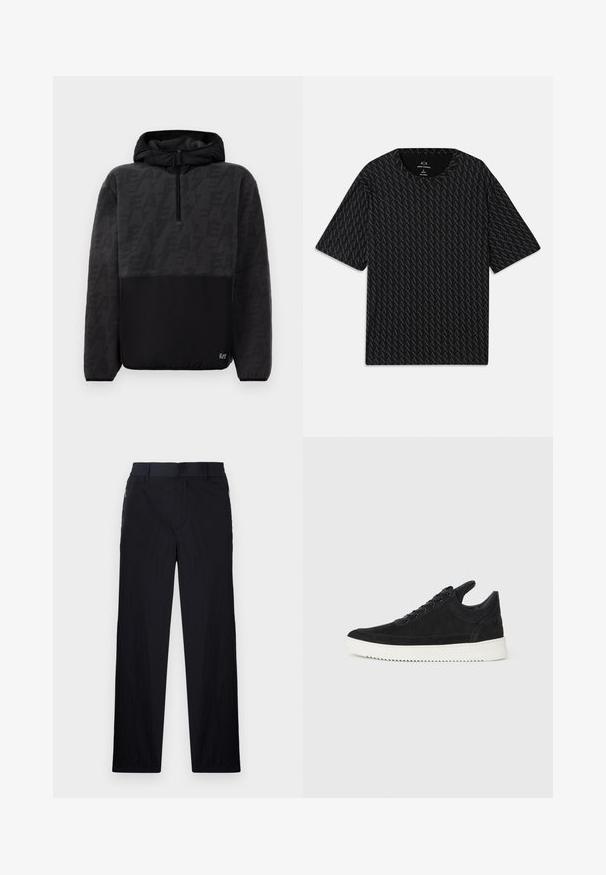 Črna kapuca flis jakna s polnim zadrgo, teksturiran zgornji del z diskretnim logotipnim vzorcem in gladek spodnji del z majhno logotipno nalepko.; Črna majica s kratkimi rokavi, ki vsebuje teksturiran vzorec iz izmeničnih logotipov 'A', z okroglim izrezom. Narejena iz lahkega materiala.; Črne hlače iz lahke, teksturirane tkanine, ravne noge, elastičen pas in stranski žepki na zadrgo.; Črne semiš športne copate z belo gumijasto podplatom, ki imajo toneče šive in vezalni dizajn. Gladka tekstura z modernim, poenoteno oblikovano silhueto.