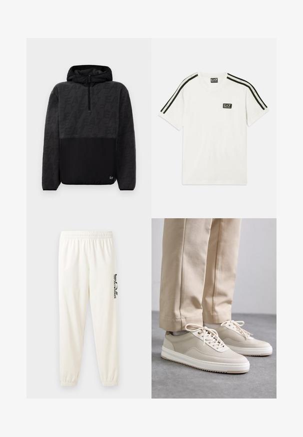 Čierna mikina s kapucňou z fleecového materiálu, polovičným zipsom, štruktúrovanou hornej časťou s jemným logom a hladkou dolnou časťou s malým logom.; Biela bavlnená tričko s okrúhlym výstrihom, krátkymi rukávmi, čiernymi akcentovými pruhmi na pleciach a malým logom EA7 na hrudi.; Svetlo béžové tepláky s elastickým pásom a elastickými manžetami. Na ľavej nohe sa nachádza čierny potlačený logo. Mäkká textúra látky.; Béžové tenisky s textúrovaným povrchom, bielymi podrážkami a prešitými detailmi, kombinované s béžovými nohavicami, vystavené na šedém povrchu.