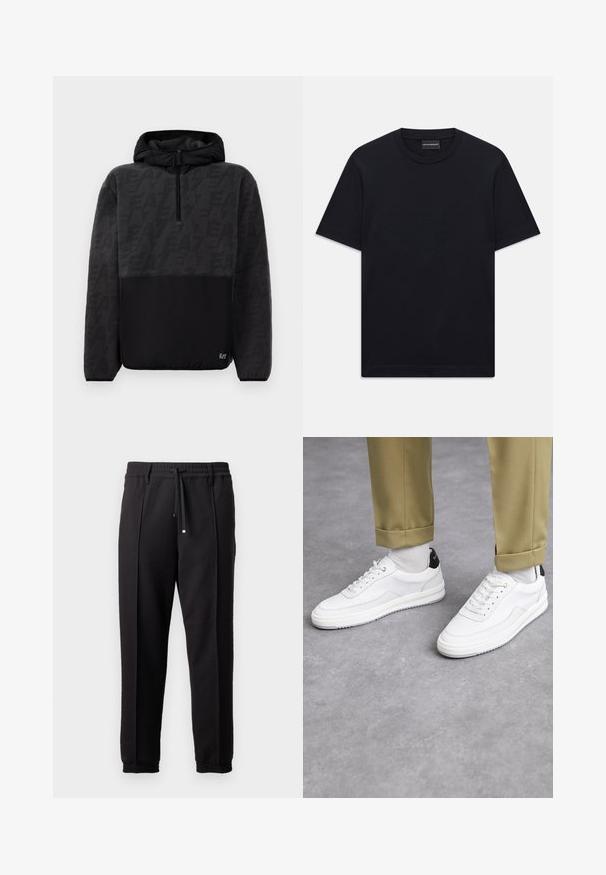 Černá mikina s kapucí z fleecu s polovičním zipem, texturovaná horní část s jemným logem a hladká dolní část se malou nášivkou s logem.; Černé tričko s krátkým rukávem a kulatým výstřihem s jemně embosovaným logem umístěným na hrudi a brandovanou štítkovou etiketou uvnitř límce.; Černé kalhoty s páskem, šňůrkou na stažení a elastickými manžetami. Obsahují sklady a hladkou, strukturovanou látku.; Bílé tenisky s texturovaným koženým povrchem, zaoblenou špičkou a černým akcentem na patě. Gumová podrážka s malým vzorem a šitými detaily.
