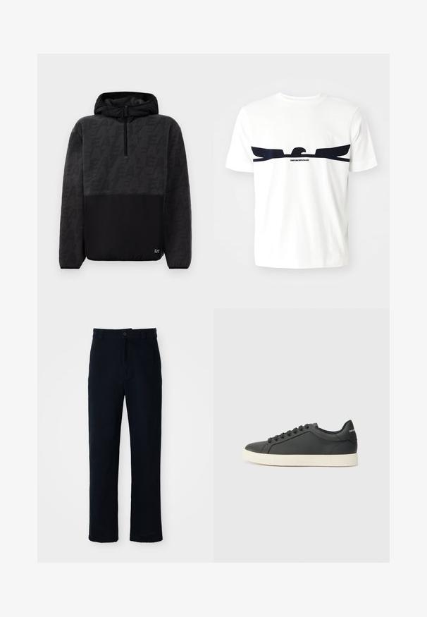 Casaco de fleece preto com capuz e fecho de meio zíper, parte superior texturizada com padrão de logótipos subtil e secção inferior lisa com pequeno emblema.; T-shirt de algodão branco com um gráfico de uma águia em azul-marinho e o texto "EMPORIO ARMANI" abaixo do design. Mangas curtas e gola redonda.; Calças azul marinho em algodão, com um design de perna reta, fecho frontal com botão e cinta clássica com passantes para cinto.; Sapatilha de couro preto com perfil baixo, bico arredondado e fecho de atacadores; apresenta uma sola de borracha texturizada e detalhe do logotipo no calcanhar.