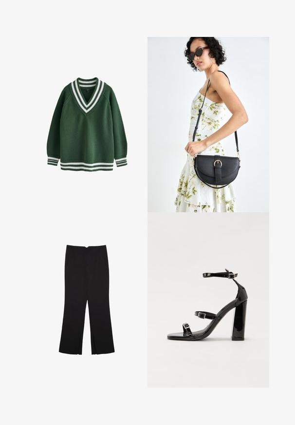 Maglione verde a maglia con scollatura a V e bordi a righe bianche sul colletto e sui polsini. Presenta maniche lunghe e una vestibilità morbida.; Pantaloni neri a gamba dritta, con tasche frontali e spacchi laterali all'orlo. Realizzati in tessuto morbido e liscio. Adatti a diverse occasioni.; Sandali con tacco in vernice nera, con punta squadrata, cinturini alla caviglia e fibbie in argento. Presentano un tacco a blocco spesso per maggiore stabilità.; Borsa a tracolla nera in pelle con una forma curva, manico rimovibile e accessori dorati. La borsa presenta una patta con un dettaglio a fibbia.