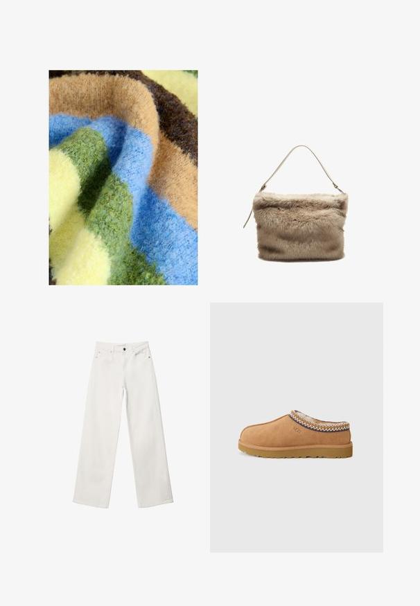 Monivärinen peitto, jossa on paksu ja pehmeä rakenne sekä vihreitä, sinisiä, vaaleanbeigejä, ruskeita ja keltaisia raitoja. Mukava ja pörröinen materiaali.; Valkoiset leveälahkeiset farkut, joissa on korkea vyötärö, viisi taskua ja metallinen napp closure. Nämä farkut ovat sileäpintaiset ilman kuvioita.; Tan suede slip-on kengät, joissa on teksturoitu villa vuori ja koristeellinen etnistyylinen neulonta kaulan ympärillä. Varustettu kumipohjalla.; Väsk av konstpäls i ljusbeige med en mjuk, texturerad yta. Har ett enda tunt axelband och en rektangulär form med en fluffig överkant.