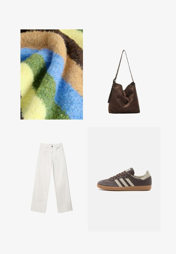 Multifarvet tæppe med tyk, blød tekstur og striber i grøn, blå, beige, brun og gul. Hygge og fyldigt materiale.; Hvide bukser med vidde lavet af denim, med høj talje, fem lomme-design og metalknaplukning. Glat tekstur, ingen mønstre.; Brun lædersneaker med tre lyse striber, gummisål, rund tå og teksturerede ruskindsdetaljer på hælen og tåen.; Brun suede hobo taske med en buet top, en lang rem med prikkede detaljer og en blød tekstur. Har et slouchy design til afslappet brug.