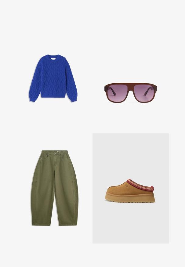 Thinking Mu CARMEN - Trui - blue; Olijfgroene wijde broek van katoen, met een hoge taille, voorzakken en een zachte textuur. Geen versieringen of patronen.; Bruine suède instapschoen met een rood en crèmekleurig patroon aan de rand, een gestructureerde zool en het UGG-logo aan de zijkant. Heeft een lichte platformhoogte.; Bruine zonnebril met grote rechthoekige monturen en een verloop van paarse lenzen. De armen zijn slank en behouden de kleur van het montuur.; Donkerbruine suède hobo schoudertas met brede verstelbare leren schouderband en een zachte, slonzige vorm op een witte achtergrond.