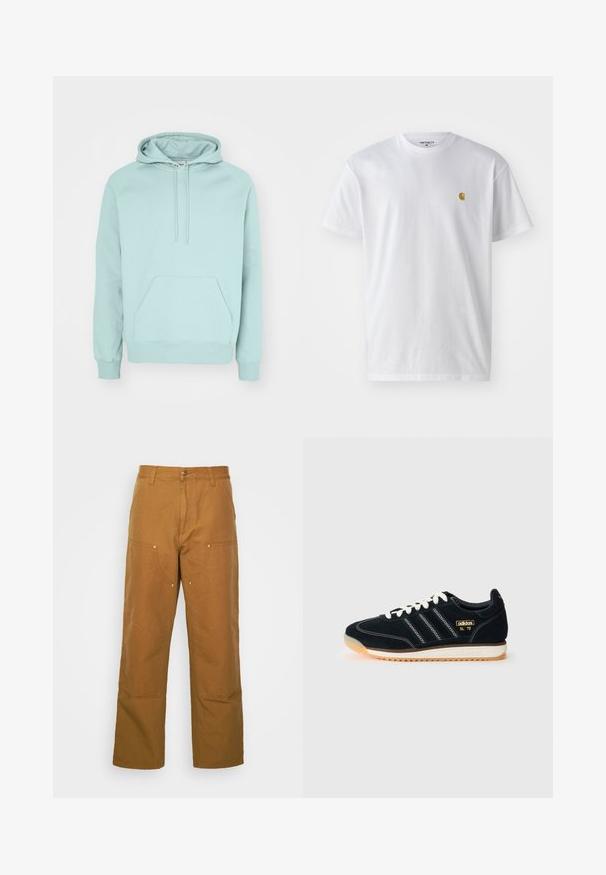 Hanorac verde mentă dintr-un material moale, cu buzunar tip cangur, glugă cu șnur reglabil și manșete și tiv cu striații.; Tricou alb din bumbac, cu mâneci scurte, gât echipat, având un mic logo auriu în zona stânga a pieptului. Textură moale și croială normală.; Pantaloni utilitari din bumbac maro, cu un design drept, având buzunare frontale și accente din metal pentru o durabilitate sporită.; Adidași negri din velur, cu sireturi albe, trei dungi albe pe lateral, accente texturate și o talpă din cauciuc cu o nuanță ușor portocalie.