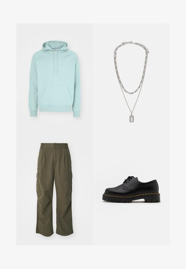 Mintunvihreä huppari, joka on valmistettu pehmeästä kankaasta. Siinä on kengurupussi, säädettävä nyörihuppu sekä ribbaatut hihansuuhteet ja helma.; Vihreät cargo-housut, valmistettu puuvillasta, leveällä lahjesuunnittelulla, taitoksilla ja sivutaskuilla käytännöllisyyttä varten.; Musta nahkainen nauhakenkä, jossa on pyöreä kärki, kuvioitu kumipohja ja keltaiset tikit ympäri pohjaa. Litteä muotoilu ja sileä pinta.; Hopeaketju, joka koostuu kahdesta kerroksesta; siinä on suorakulmainen riipus, jossa on sileä pinta ja kiiltävä metallipinta.