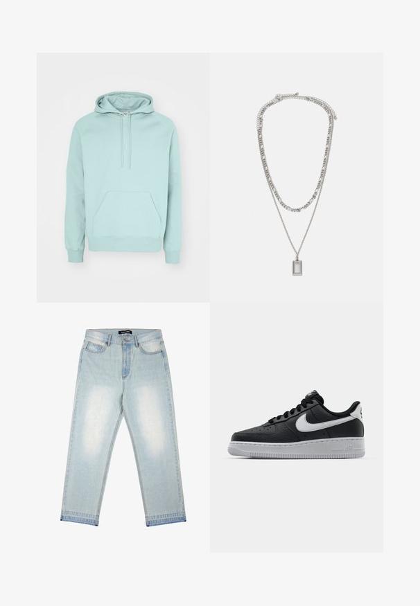 Müntroheline kapuutsiga kangas, pehme ja mugav, koos keskel oleva taskuga, reguleeritava kapuutsi nööriga ning soonikkantidega varrukate ja alläärega.; Pegador BARROW - Loose fit teksad - sand washed blue; Must musta sneaker tekstureeritud pinnaga, valge Nike logo, hall tald, ümar varv ja paeltega disain. Omab perforatsioone varbakasti peal.; Hõbedane kaelakee, millel on kaks kihilist ahelat; sisaldab neljakandilist ripatsit, millel on sile pind ja poleeritud metalli viimistlus.