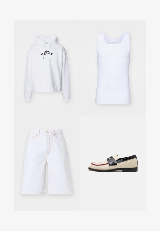 Hoodie blanc avec un imprimé logo noir à l'avant, doté d'une capuche avec cordons, de manches longues et de poignets et d'un ourlet côtelés.; Débardeur sans manches en coton blanc avec un col rond, présentant une texture lisse et une coupe ajustée, conçu pour un usage décontracté.; Shorts en denim blanc avec une coupe droite, cinq poches et des coutures contrastantes couleur tan. Comprend une fermeture avec bouton et zip à l'avant.; Mocassins beige avec un motif en relief, une bande accentuée rouge et un talon noir brillant. Ils disposent d'une lanière avec une boucle décorative. Semelle noire plate.