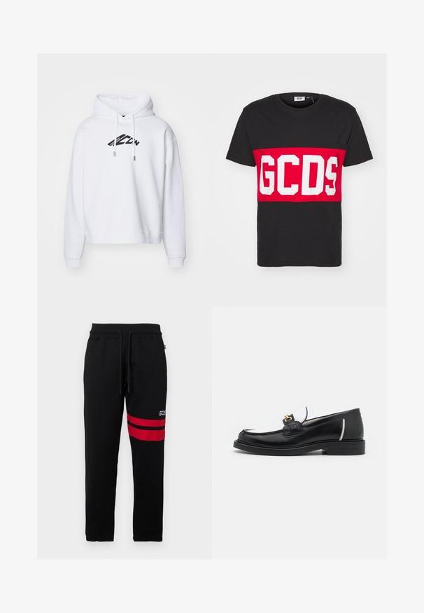 Felpa bianca con stampa del logo nero sul davanti, dotata di cappuccio con cordini, maniche lunghe e polsini e orlo a costine.; GCDS BAND LOGO REGULAR - T-shirt con stampa - black; Pantaloni sportivi neri con strisce rosse a contrasto e logo sul lato. Presentano una vita elastica con cordino e polsini alla caviglia a punta.; Mocassino in pelle nera con punta arrotondata, accenti bianchi e dettagli in oro sulla parte anteriore. Presenta un patch testurizzato e un tacco impilato.