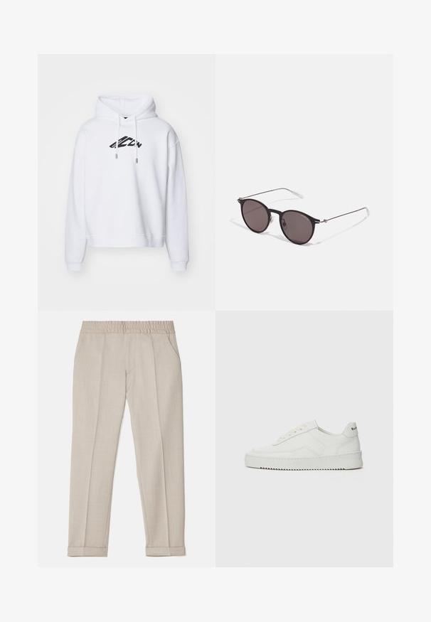 Valkoinen huppari, jossa on musta logo painettuna etuosaan, varustettuna naruhupulla, pitkillä hihoilla ja ribbaatuilla hihoilla sekä helmalla.; Filippa K TERRY CROPPED TROUSERS - Housut - sage melange; Valkoinen nahkakenkä, jossa on sileä pinta, pyöreä kärki, tasaiset nauhat ja teksturoitu pohja. Sisältää huomaamattoman logon kantapäässä.; Musta pyöreä aurinkolasit tummilla linsseillä ja kapeilla metallikehyksillä. Sisältää kirkkaat temppelet ja hopeiset yksityiskohdat saranassa. Minimalistinen muotoilu.