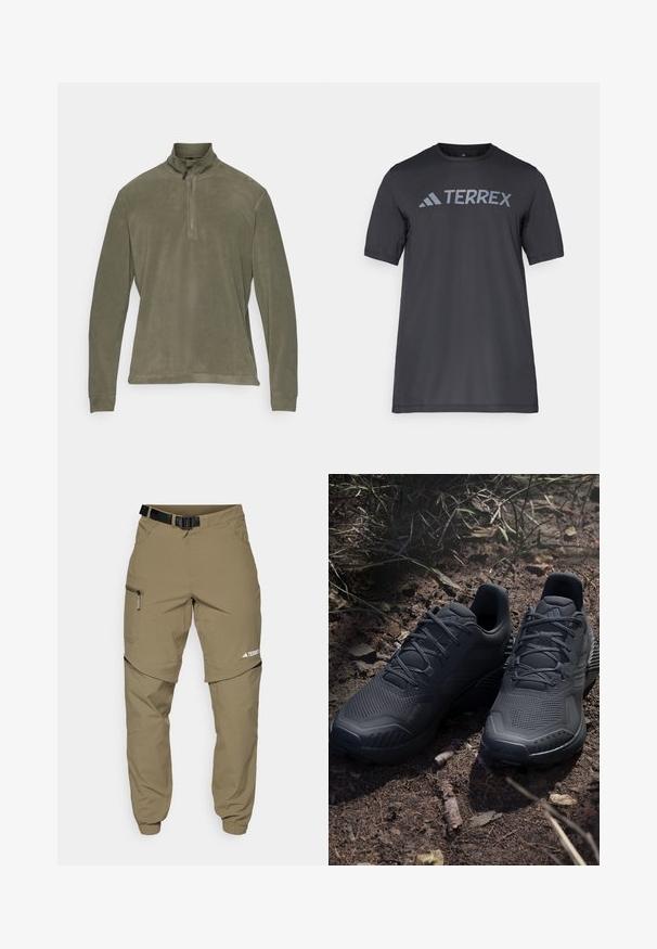 CMP MAN - Polárpulóver - olive; Fekete, rövid ujjú póló, könnyű anyagból készült, világosszürke „TERREX” logóval a mellrészen és kerek nyakkivágással.; Khaki színű kültéri nadrág állítható fekete övvel, cipzáras zsebekkel, szűkített szárakkal és levehető alsó lábrésszel a sokoldalú stílus érdekében.; Fekete sportcipők texturált kötött felsőrésszel, megerősített orral és párnázott talppal, földes talajon láthatók, szanaszét heverő ágacskákkal.