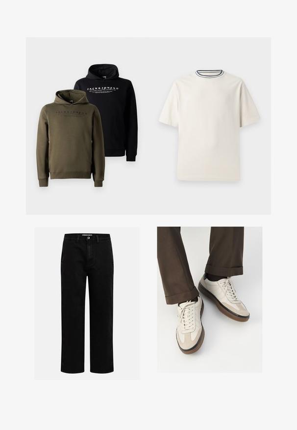 Mustard jaoli mustas ja oliivrohelises, millel on ees suur tasku, reguleeritav kapuuts ja trükitud bränding rinnal. Pehme ja sile kangas.; Kreemivärvi puuvillane T-särk lühikeste varrukatega, ümmarguse kaeluse ja mereteemalise sinise ja valge triibuga. Sile tekstuur, mugav lõike.; Mustad denim püksid sirge jala kujundiga, klassikaline viie tasku disain ja nööbid kinniuisutamisel. Sile tekstuur ja vastupidav kangas.; Bežid spordijalised, millel on tekstuuriga suede esiosa, siledast nahast küljed ja pruun kummitald. Lisatud on paelad ja heledad õmbluse detailid.