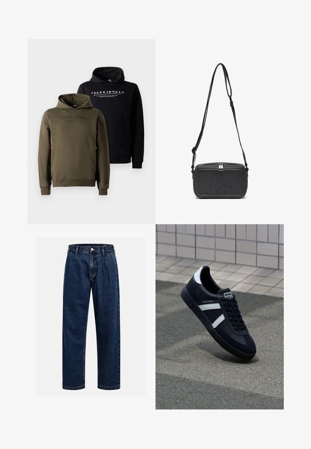 Sweatshirts en noir et vert olive, avec une poche kangourou à l'avant, un capuchon avec cordon de serrage et une marque imprimée sur la poitrine. Tissu doux et lisse.; Jean en denim bleu foncé avec une coupe droite. Présente des coutures visibles, une fermeture par bouton et des plis à l'avant pour un détail supplémentaire.; Sneaker en cuir noir avec des rayures blanches, semelle en caoutchouc texturée et devant à lacets. Présente une étiquette de marque sur la languette.; Sac bandoulière en cuir noir avec une fermeture éclair, logo embossé à l'avant et une sangle réglable. Texture lisse avec une forme rectangulaire.