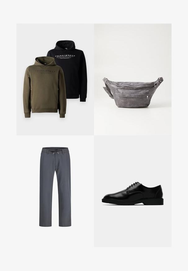 Hoodies in black and olive green, featuring a front kangaroo pocket, drawstring hood, and printed branding on the chest. Soft, smooth fabric.; Gray, elastic waistband pants with a drawstring. Straight leg design, made from smooth fabric, feature minimal stitching and no visible hardware.; Black leather dress shoe with a smooth finish, rounded toe, lace-up design, and understated rubber sole for traction.; Gray suede fanny pack with a rounded shape, two zippered compartments, and adjustable strap. Features metal hardware accents.