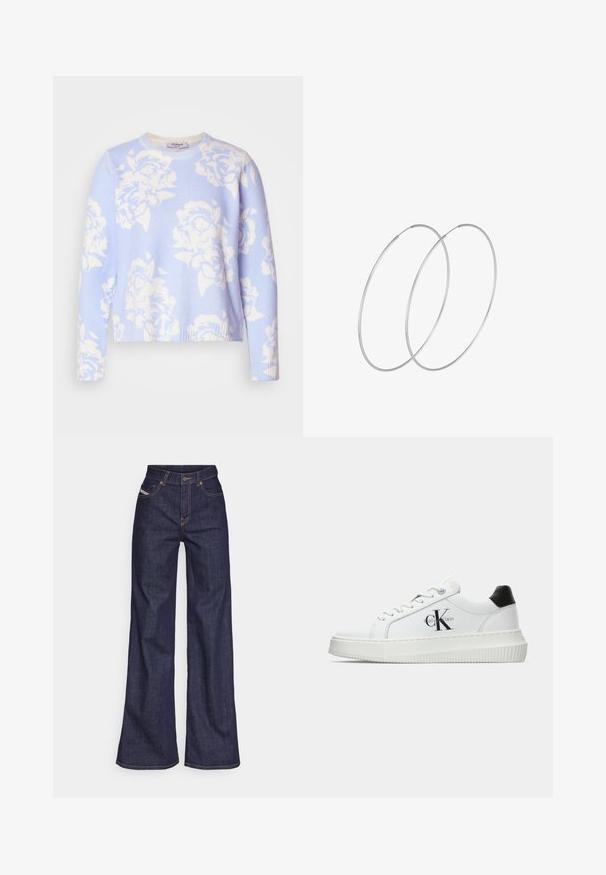 Gaiši zils džemperis ar baltu rozes rakstu, ribotām piedurknēm un apakšmalu, apaļu kaklu un mīkstu, teksturētu audumu.; Tumši zili platleņķa džinsi no denima auduma ar augstu jostasvietu, ar oranžām šuvēm, piecu kabatu dizainu un pogu aizdari.; Baltā zema topa sporta apavas ar melnu papēža cilni, platformas zoli, auklēm un Calvin Klein "CK" logo sānos.; Sudraba gredzenveida auskari ar minimālistisku dizainu. Cirkulāra forma, gluda tekstūra un plāns profils. Vieglu svaru ar spīdīgu apdari.