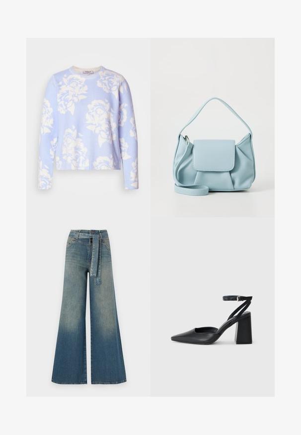 Pull bleu clair avec un motif de roses blanches, des poignets et un ourlet côtelés, un col rond et un tissu doux et texturé.; Pantalons en denim à jambe large présentant un dégradé de bleu clair à bleu foncé, taille haute, passants de ceinture et une ceinture en tissu assortie. Finition en denim texturé.; Escarpin noir en cuir à bout pointu avec une bride de cheville et un talon épais. Texture lisse, design élégant et esthétique minimaliste.; Sac à main en cuir bleu clair avec une anse supérieure, poche à rabat avant et bandoulière amovible sur fond blanc.; Boucles d'oreilles en argent avec un design rond et épuré, présentant une surface lisse et sans embellissements visibles. Diamètre non spécifié.