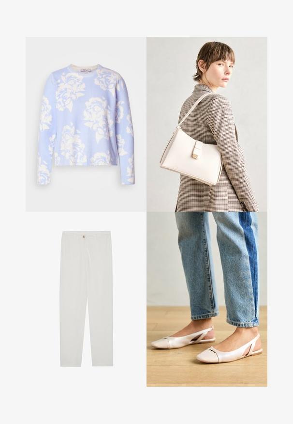 Light blue sweater featuring a white rose pattern, ribbed cuffs and hem, round neck, and soft, textured fabric.; White, tailored trousers with a straight leg design, featuring a button closure, belt loops, and side pockets; smooth fabric texture.; Pale pink slingback flats with a pointed toe, made from a smooth leather-like material. Features cut-out details at the sides and a flat heel.; White leather handbag with a structured design, featuring a magnetic clasp and a shoulder strap, showcased against a neutral background.