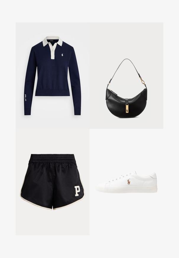 Temno modra pletena polo majica z dolgimi rokavi in belim ovratnikom, z majhnim logotipom na prsih in izvezenim "RLX" na rokavu.; Črne športne hlače s elastiko na pasu, bež stranskimi črtami in kremno belo črko "P" na levem stegnu.; Bela usnjena teniski čevlji, nizki model, z gladko teksturo, okrogle konice, vezavi spredaj ter majhnim vezenim logotipom na strani.; Črna usnjena torbica v obliki polmeseca. Ima zlato kovinsko dekoracijo in ozek trak. Gladka tekstura, z zadrgo na vrhu.