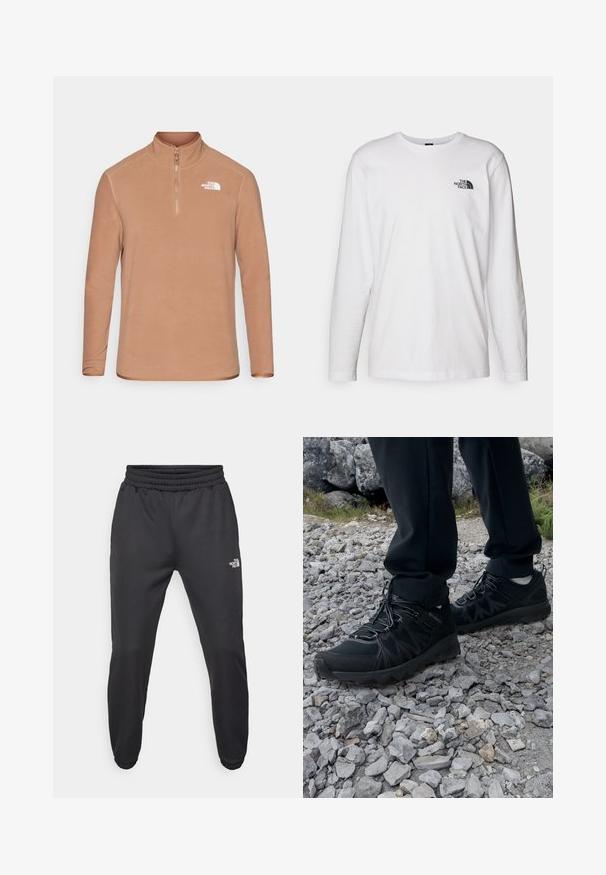 Pullover in pile marrone con colletto alto, zip a metà e maniche lunghe. Presenta un logo bianco sul lato sinistro del petto e una texture liscia.; T-shirt bianco a maniche lunghe in cotone con colletto rotondo. Presenta un piccolo logo nero sul petto. Texture liscia, vestibilità regolare.; Pantaloni sportivi neri con vita regolabile tramitecordino, vestibilità affusolata, polsini elasticizzati e un piccolo logo bianco sulla coscia sinistra, realizzati in tessuto morbido.; Scarpe da esterni nere realizzate in mesh e materiale sintetico, con una parte superiore testurizzata, un sistema di allacciatura sicuro e una suola robusta, su terreno roccioso.