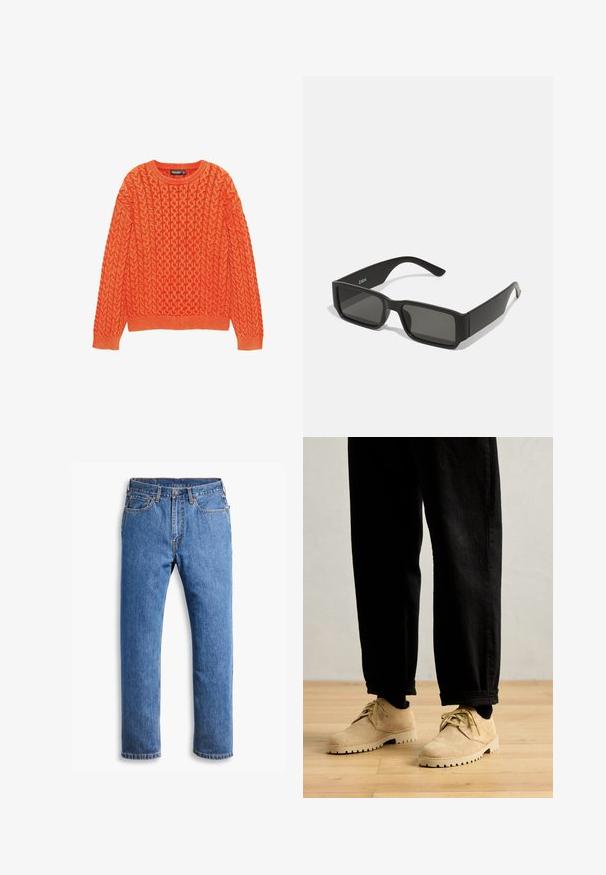 Oranger gestrickter Pullover mit einem strukturierten Zopfmuster, runden Ausschnitt und gerippten Bündchen und Saum. Hergestellt aus weichem, warmem Stoff.; Blaue Jeans aus Denim mit geradem Schnitt, mit fünf Taschen, einem Knopfverschluss und orangefarbenen Nähten auf einem klaren weißen Hintergrund.; Clarks Originals DESERT ROCK LO - Sportlicher Schnürer - maple; Schwarze Sonnenbrille mit rechteckigen Gläsern, mattem Kunststoffrahmen und geraden Kanten. Verfügt über das Markenlogo auf dem inneren Bügel.