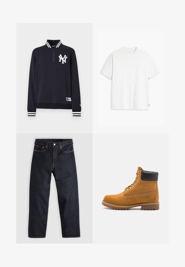 Tamsiai mėlynas megztinis su ketvirtiniu užtrauktuku, ant krūtinės balta logotipo spauda, dryžuotas apykaklės ir rankogių briaunos, minkšta medžiaga, įprasto kirpimo, su logotipo etikete apačioje.; Balti medvilninė marškinėliai su trumpomis rankovėmis, apvali apykakle ir subtiliu šviesios spalvos „Levi's" logotipu priekyje.; Tamsiai mėlynos džinsinės kelnės su tiesiu kirpimu, penkiomis kišenėmis, kontrastingomis oranžinėmis siūlėmis ir mygtukų užtrauktuku. Nėra matomų raštų ar papuošimų.; Tan spalvą turintys suknelės batus iki kulkšnies su juodu paminkštintu apvadu, auksiniais metaliniais akių užsegimais, baltais siūlų dekoratyviniais elementais ir tvirtu guminiu padu su ryškiai išreikštais raštais.