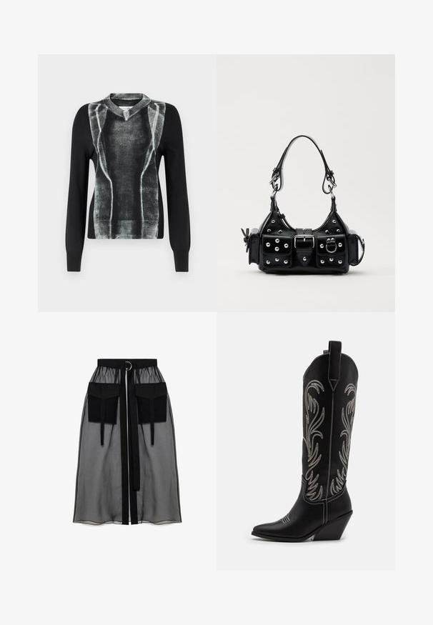 Melnas adītas džemperis ar pelēku grafisko dizainu, kas atgādina muskuļu struktūru, ar V-veida kakla izgriezumu un garām piedurknēm. Gluda tekstūra.; Melnā caurspīdīgā svārka ar salikto jostasvietu, kas ietver divas lielas priekšējās kabatas, jostas saitīti un apaļu metāla akcentu.; Melnas ādas kovboju zābakus ar norādītām pirkstiem, sānām paceltu papēdi un sudraba izšūtām ziedu rakstiem gar zābaka kāju. Kontrasta dūrieni visā zābakā.; Melnas ādas rokturmais ar izliekumu, ar sudraba iedurtiem, sprādzi un divām sānu kabatām. Regulējams siksniņas garums dažādām nēsāšanas iespējām.