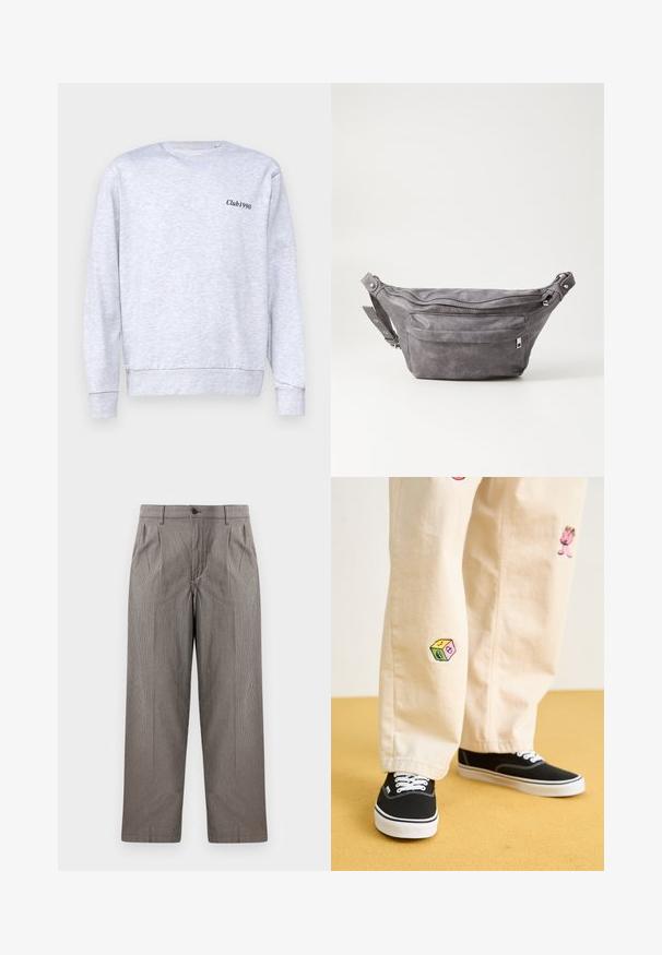 Grijze sweatshirt van een katoenmix, met ronde hals, voorzien van een kleine zwarte "Club1990" tekst op de linkerkant van de borst.; Grijs houndstooth-print broek met een recht model, voorzien van plooien, een tailleband met knoopsluiting en zijzakken.; Beige katoenen broek met speelse geborduurde ontwerpen, waaronder een roze figuur en een gekleurd blok, gecombineerd met zwarte veterschoenen.; Grijze suède heuptas met een ronde vorm, twee met rits afgesloten compartimenten en een verstelbare band. Voorzien van metalen accenten.