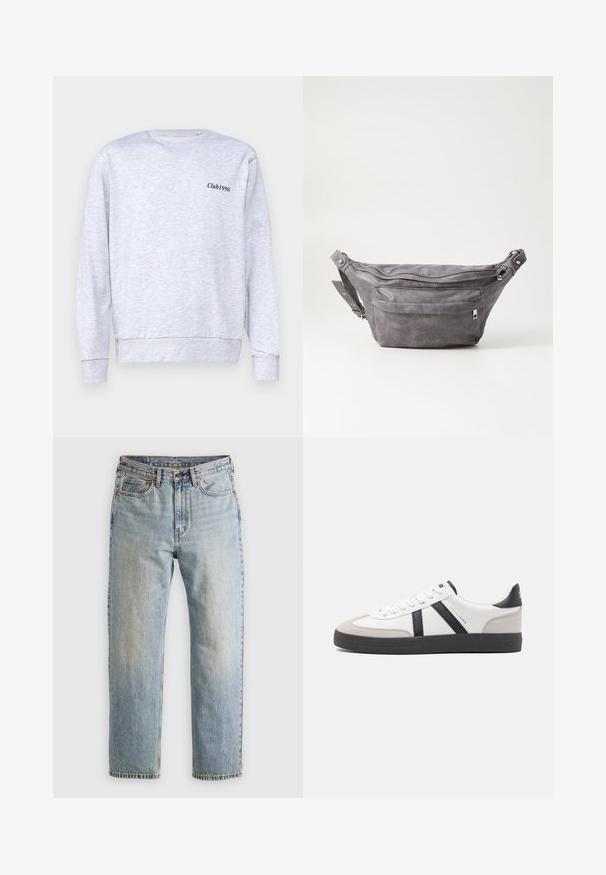 Siva dukserica od pamučne mješavine, dizajn s kružnim izrezom, s malim crnim tekstom "Club1990" na lijevoj strani prsnog dijela.; Svijetloplave traperice visoki struk, prednji gumb, zatvarač i dizajn s pet džepova, položene ravno na neutralnoj pozadini.; Bijele tenisice s crnim i sivim detaljima, s teksturiranim sivim zaštitnikom prstiju, crnim gumene potplate i ravnim bijelim vezicama. Čist dizajn, minimalistički stil.; Siva zamšasta torbica preko struka sa zaobljenim oblikom, dva zip zatvorena odjeljka i podesivim remenom. Sadrži metalne naglaske.