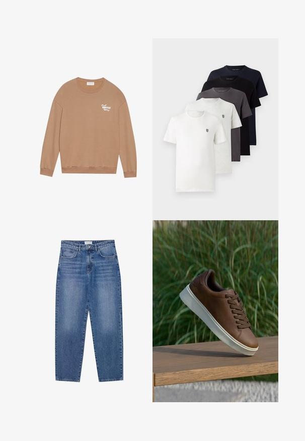 Rjav bombažni pulover z dolgimi rokavi, krožnim izrezom in belim tiskom "Fresh Coffee" na prsih. Ima ribane manšete in rob.; Pet kratke majice iz bombaža v beli, svetlo sivi, temno sivi, mornarsko modri in črni barvi, z majhnim logotipom na prsih.; Modre kavbojke z visokim pasom, ravnimi nogami in bledejšim videzom. Imajo pet žepov in gumbasto zapiranje.; Rjave usnjene tene s belim gumijastim podplatom, zaobljenim nosom in rjavimi vezalkami. Teksturni oprijem na podplatu in gladka površina na zgornjem delu.