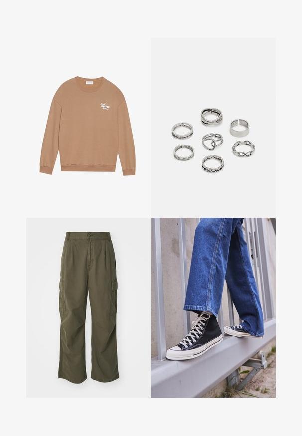 Brown cotton sweatshirt with long sleeves, crew neck, and "Fresh Coffee" printed in white on the chest. Features ribbed cuffs and hem.; Cargo pants in olive green, made of cotton, with a wide leg design, pleats, and side pockets for utility.; Black high-top sneakers with white sole and laces, paired with loose blue denim jeans, resting on a gray railing.; Set of seven silver rings featuring various designs, including twisted, linked, and engraved patterns. Different shapes and widths.