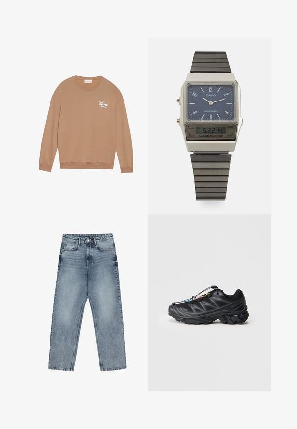Hnedý bavlnený sveter s dlhými rukávmi, kulatým výstrihom a bielym nápisom "Fresh Coffee" na hrudi. Obsahuje rebrované manžety a spodný lem.; Svetlomodré džíny s rovnými nohavicami, viditeľným prešívaním, dizajnom s piatimi vreckami a zapínaním na gombík v oblasti pása.; Čierna atletická obuv s textúrovaným sieťovinovým zvrškom, vystuženou špičkou a rýchlozaviazaním. Obsahuje robustnú podrážku a mierne zdvihnutú pätu.; Digitálny hodinky Casio s modrým ciferníkom, strieborným púzdrom a vrstvovou čiernou gumovou remienkom. Zobrazuje čas a nastavenia budíka. Odolné voči vode.