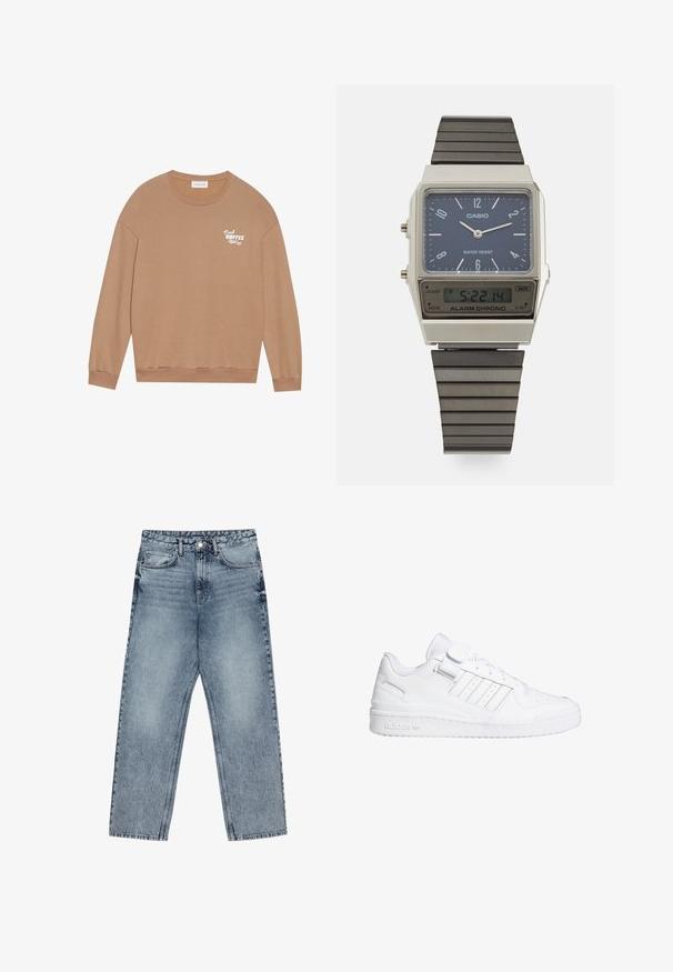 Hnědá bavlněná mikina s dlouhými rukávy, kulatým výstřihem a bílým potiskem "Fresh Coffee" na hrudi. Má žebrované manžety a spodní lem.; Světle modré džíny z denimu se střihom rovnými nohavicemi, viditelným šitím, designem s pěti kapsami a knoflíkovým zapínáním v pase.; Bílé sportovní tenisky s hladkým koženým svrškem, perforovanou špičkou, třemi pruhovanými akcenty a suchým zipem. Gumová podrážka s detaily značky.; Digitální hodinky Casio s modrým ciferníkem, stříbrným pouzdrem a vrstveným černým gumovým remínkem. Zobrazuje čas a nastavení alarmu. Voděodolné.