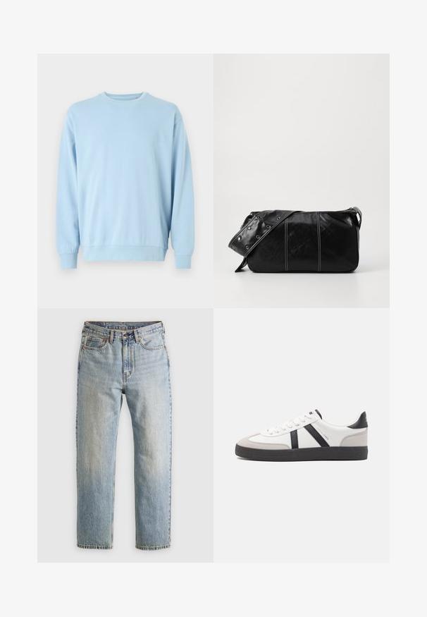Light blue sweatshirt with long sleeves, crew neckline, soft fabric, ribbed cuffs and hem, featuring a simple, unembellished design.; Light blue denim jeans with high waist, front button, zipper, and five-pocket design, laid flat on a neutral background.; White sneaker with black and gray accents, featuring a textured gray toe cap, black rubber sole, and flat white laces. Clean design, minimalist style.; Black leather shoulder bag with a zip closure, featuring a textured body, white stitching, and a strap with silver grommets.