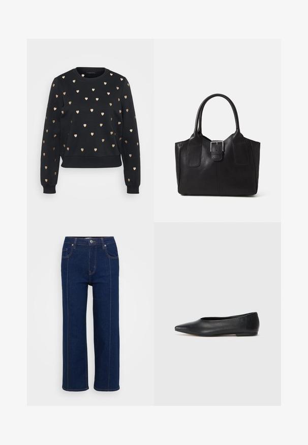 Sudadera negra con un diseñorecortado y cuello redondo, que presenta patrones de corazones dorados distribuidos uniformemente en la parte delantera y las mangas.; Jeans rectos de color azul oscuro con cierre de botón, bolsillos delanteros y traseros, y costuras naranjas visibles a lo largo de las costuras.; Bailarinas de cuero negro, punta afilada, diseño minimalista, textura suave, tacón bajo, sin herrajes ni adornos visibles.; Bolso tote de cuero negro con textura suave, forma estructurada, dos asas y un prominente detalle de hebilla plateada en la parte frontal.; Anillo de plata de doble banda con una superficie lisa y pulida. Presenta un diseño fluido y curvado con secciones superpuestas para un aspecto moderno.