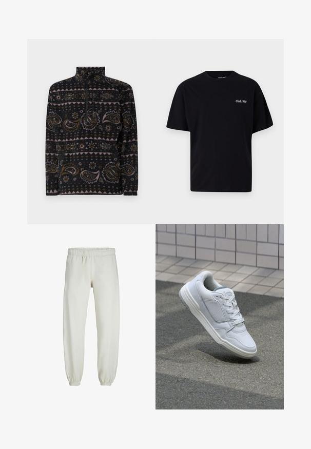 Sudadera de forro polar negra con patrones de paisley y geométricos en marrón, rosa y crema. Presenta un cierre de cuarto de cremallera en la parte delantera y un cuello alto.; Camiseta de algodón negra con cuello redondo y mangas cortas. Presenta el texto blanco "Club1990" en la zona del pecho izquierdo. Diseño simple y sin adornos.; Pantalones de chándal blancos hechos de una tela suave, con cinturilla y puños elásticos, que presentan una textura suave y un diseño holgado.; Zapatilla blanca de cuero con lados perforados, acentos texturizados, cordones planos y un talón gris en contraste. Presenta una suela ligeramente elevada.