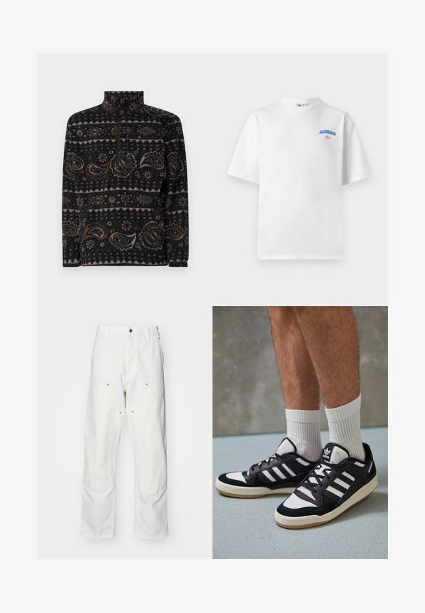 Juodas polarinis megztinis su paisley ir geometriniais raštais rudos, rožinės ir kreminės spalvų. Yra ketvirčio užtrauktuko priekis ir aukšta apykaklė.; Balta medvilninė marškinėliai trumpomis rankovėmis, apvaliu iškirpimu, su mėlynu "ADIDAS" užrašu ir rožiniu logotipu ant krūtinės. Paprasta, lygi tekstūra.; Balti medvilniniai kargo džinsai su laisvu siluetu. Ypatybės apima priekines kišenes, auksinius apdailos elementus ir sustiprintas kelio dalis.; Juodos ir baltos sportinės bateliai su zomšiniu ir odiniu viršumi, su trimis baltomis juostelėmis, perforuota koja ir guminėmis padais.