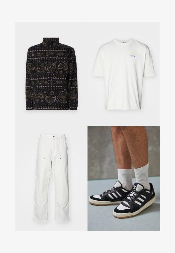 Sort fleece pullover med paisley og geometriske mønstre i brun, pink og creme. Har en kvart lynlås foran og høj krave.; Hvid bomulds t-shirt med rund hals, korte ærmer, der har en blå skrifttype 'adidas' og logo med trefoil i gul på brystet.; Hvide bomulds cargo bukser med en afslappet pasform. Funktioner inkluderer for- og baglommer, guldfarvede hardware detaljer og forstærkede knæsektioner.; Sorte og hvide sneakers med en overdel i ruskind og læder, der har tre hvide striber, en perforeret tå og en sål i gummigummi.