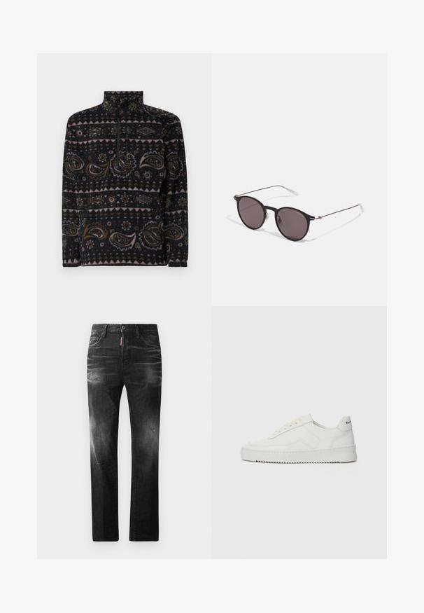 Pullover in pile nero con motivi paisley e geometrici in marrone, rosa e crema. Presenta una chiusura a zip parziale e un collo alto.; Jeans in denim nero con vestibilità dritta. Presentano aree sbiadite, leggeri segni di usura, classico design a cinque tasche e chiusura con bottone.; Sneaker in pelle bianca con una finitura liscia, punta rotonda, lacci piatti e suola testurizzata. Presenta un logo discreto sul tallone.; Occhiali da sole neri rotondi con lenti scure e sottili bracci in metallo. Include punte trasparenti e accenti argentati alla cerniera. Design minimalista.