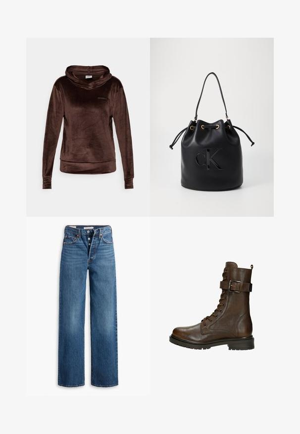 Brown velvet hoodie with long sleeves, cowl neck, and stitched cuffs. Features a subtle logo on the front. Soft texture and relaxed fit.; Blue denim jeans with a wide-leg design, five pockets, button fly, and contrasting stitching. Textured fabric with a faded finish.; Brown leather lace-up ankle boot with a side buckle, round toe, rugged sole, and stitching details for added texture.; Black leather bucket bag with drawstring closure, featuring a glossy "CK" logo on the front and gold-tone hardware accents.