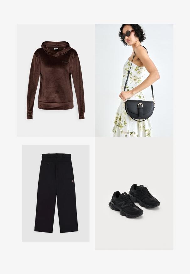 Hoodie en velours brun avec des manches longues, un col cheminée et des poignets cousus. Présente un logo discret sur le devant. Texture douce et coupe décontractée.; Pantalons noirs fabriqués en tissu au toucher lisse. Présentent un design à jambe droite, une taille avec passants de ceinture et plusieurs poches.; Baskets de sport noires avec une tige texturée, arborant un logo "N" en relief, une semelle rembourrée et une silhouette moderne et épurée.; Sac à main en cuir noir avec une forme courbée, bandoulière amovible et des accessoires en or. Le sac est doté d'un rabat avec un détail de boucle.