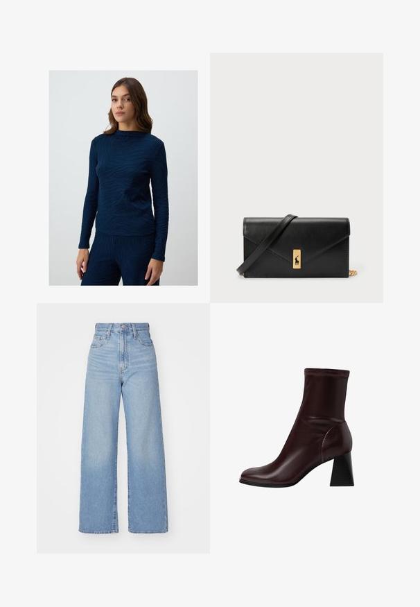 Granatowa bluzka z długim rękawem z teksturowanym wzorem falistym. Materiał wydaje się miękki i lekko dopasowany, z okrągłym dekoltem.; Jasnoniebieskie jeansy z wysokim stanem i szerokimi nogawkami, z zapięciem na guziki i zamek z przodu, przednie i tylne kieszenie, na białym tle.; Stradivarius - Botki; Czarny skórzany portfel z klapą, złotą okuciami, z akcentem logo. Zawiera odpinany pasek do noszenia.