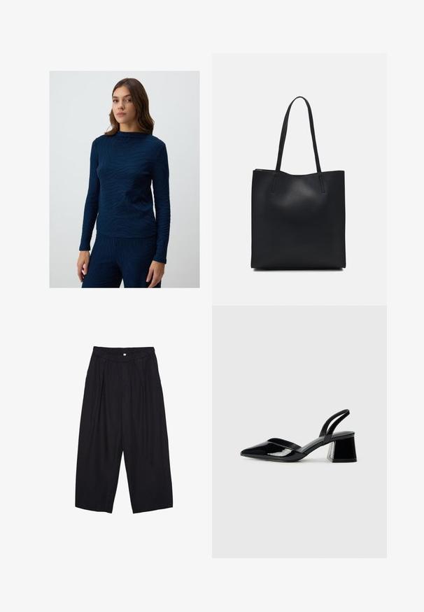 Granatowa bluzka z długim rękawem z teksturowanym wzorem falistym. Materiał wydaje się miękki i lekko dopasowany, z okrągłym dekoltem.; Czarne spodnie culotte z poliestru z elastycznym pasem, dwoma fałdami z przodu i luźnym krojem. Brak widocznych wzorów lub elementów metalowych.; Czarne lakierowane półbuty na obcasie z wydłużonym noskiem i geometrycznym słupkiem. Charakteryzują się eleganckim, minimalistycznym designem oraz gładką fakturą.; Czarna skórzana torba tote o gładkiej fakturze, prostokątnym kształcie i dwóch długich uchwytach. Brak widocznych elementów metalowych i ozdób.