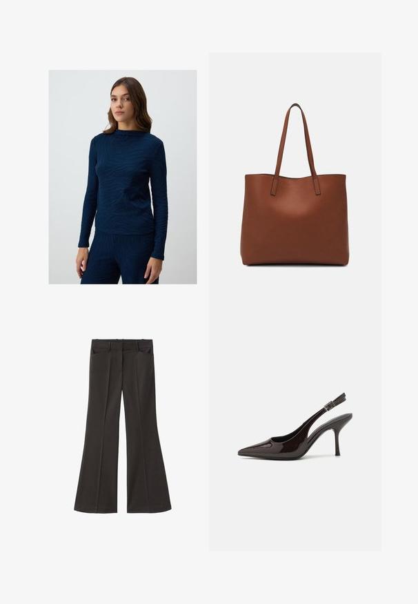 Top a maniche lunghe blu navy con un design a motivo onda testurizzato. Il tessuto sembra morbido e leggermente aderente, con scollo a giro.; Pantaloni neri a zampa d'elefante con vita alta; presentano due tasche frontali e una texture del tessuto liscia. Adatti per varie occasioni.; Scarpa con tacco alto tipo slingback in pelle verniciata marrone scuro lucido, punta affusolata, lati aperti e cinturino alla caviglia regolabile.; Borsa tote in pelle marrone con texture liscia, design con apertura superiore e due spallacci. Presenta cuciture minime e nessun hardware visibile.